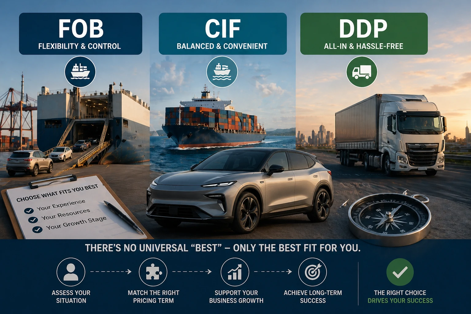FOB vs CIF vs DDP in motoruitvoer: watter prystermyn is die beste vir jou